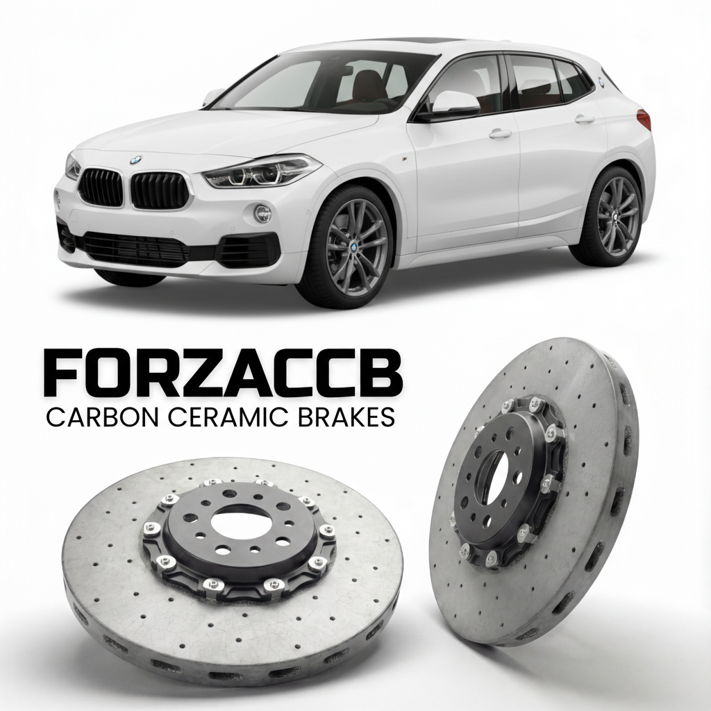 ForzaCCB direct OEM replacement carbon ceramic brake rotors for 2018 to 2023 BMW X2 F39 models, shown with a white BMW X2 car.