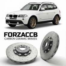 ForzaCCB direct OEM replacement carbon ceramic brake rotors for 2005 to 2010 BMW X3 E83 models, shown with a white BMW X3 car.