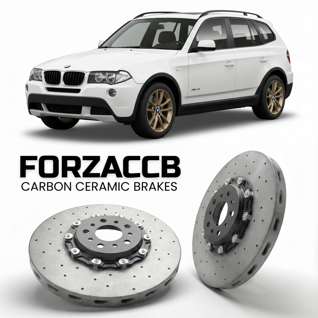ForzaCCB direct OEM replacement carbon ceramic brake rotors for 2005 to 2010 BMW X3 E83 models, shown with a white BMW X3 car.