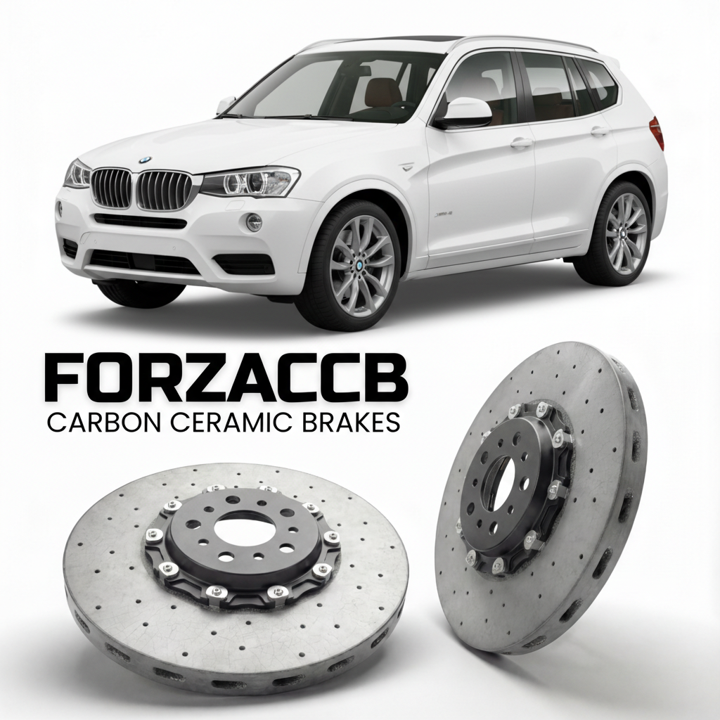 ForzaCCB direct OEM replacement carbon ceramic brake rotors for 2010 to 2017 BMW X3 F25 models, shown with a white BMW X3 car.