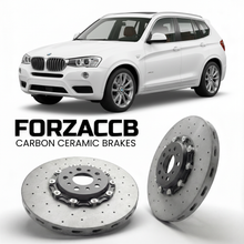 ForzaCCB direct OEM replacement carbon ceramic brake rotors for 2010 to 2017 BMW X3 F25 models, shown with a white BMW X3 car.