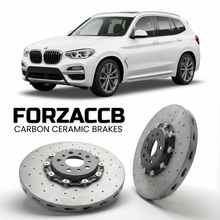 ForzaCCB direct OEM replacement carbon ceramic brake rotors for 2017 to 2024 BMW X3 G01 models, shown with a white BMW X3 car.