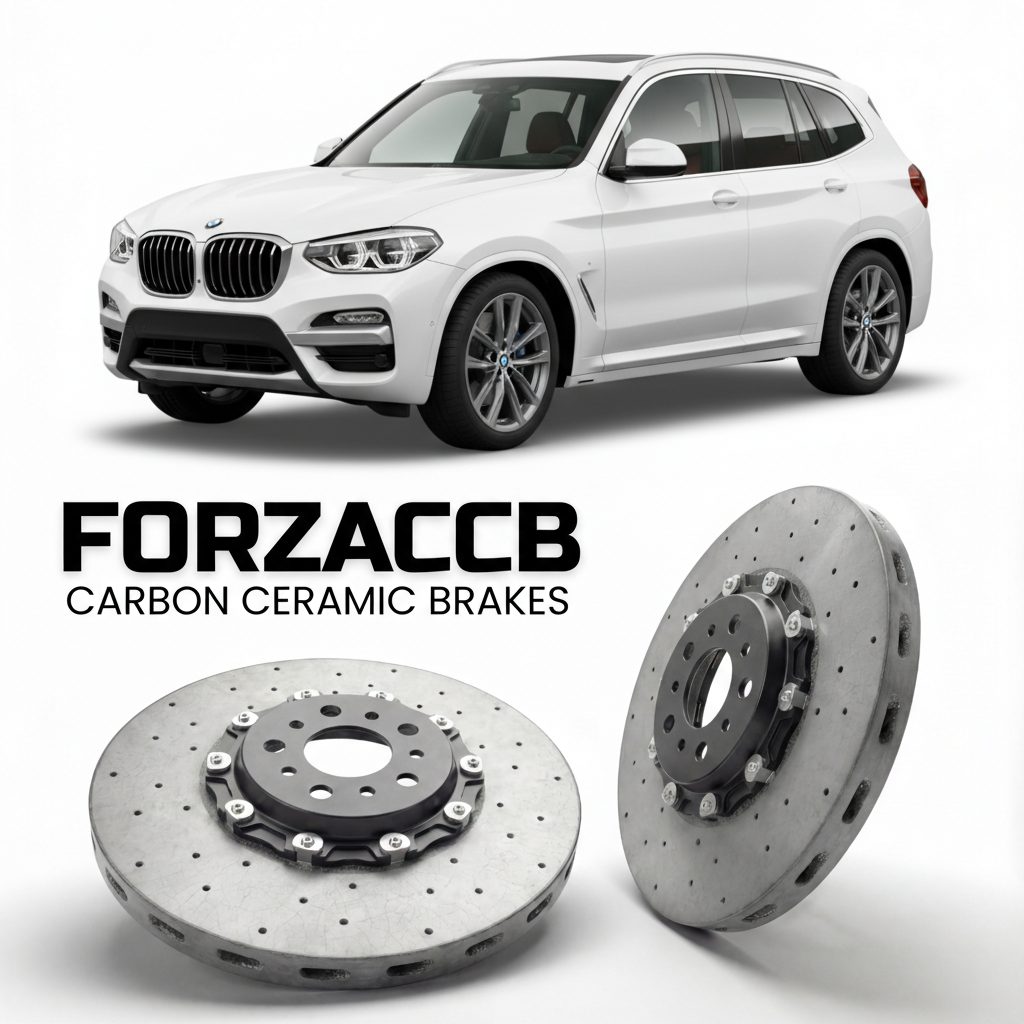 ForzaCCB direct OEM replacement carbon ceramic brake rotors for 2017 to 2024 BMW X3 G01 models, shown with a white BMW X3 car.