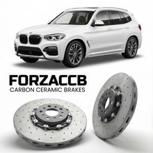 ForzaCCB direct OEM replacement carbon ceramic brake rotors for 2024 and newer BMW X3 G45 models, shown with a white BMW X3 car.