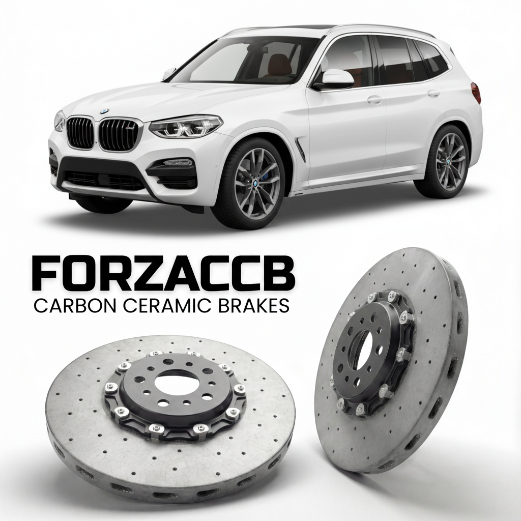 ForzaCCB direct OEM replacement carbon ceramic brake rotors for 2024 and newer BMW X3 G45 models, shown with a white BMW X3 car.