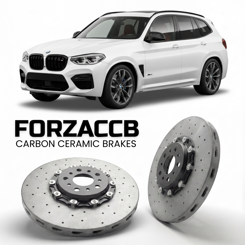 ForzaCCB direct OEM replacement carbon ceramic brake rotors for 2019 and newer BMW X3 M F97 models, shown with a white BMW X3 M car.
