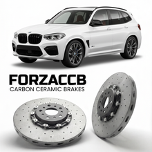ForzaCCB direct OEM replacement carbon ceramic brake rotors for 2019 and newer BMW X3 M F97 models, shown with a white BMW X3 M car.