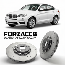 ForzaCCB direct OEM replacement carbon ceramic brake rotors for 2014 to 2018 BMW X4 F26 models, shown with a white BMW X4 car.