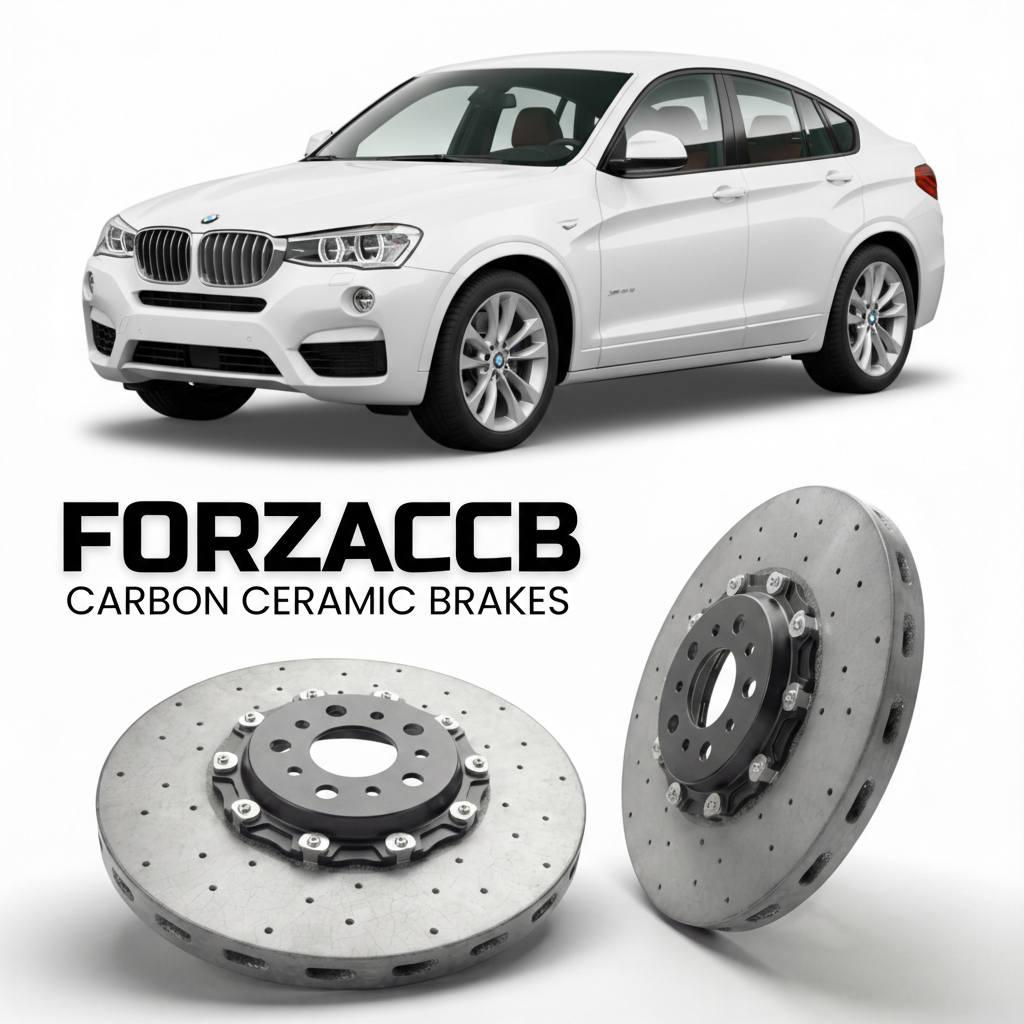 ForzaCCB direct OEM replacement carbon ceramic brake rotors for 2014 to 2018 BMW X4 F26 models, shown with a white BMW X4 car.