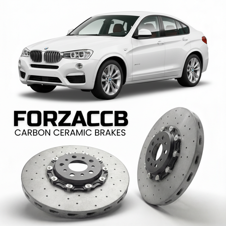 ForzaCCB direct OEM replacement carbon ceramic brake rotors for 2014 to 2018 BMW X4 F26 models, shown with a white BMW X4 car.