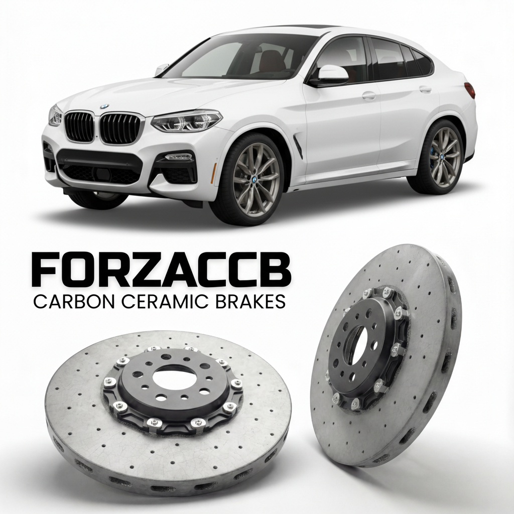 ForzaCCB direct OEM replacement carbon ceramic brake rotors for 2018 to 2025 BMW X4 G02 models, shown with a white BMW X4 car.