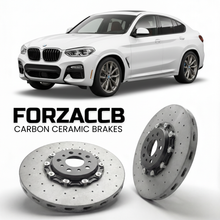 ForzaCCB direct OEM replacement carbon ceramic brake rotors for 2018 to 2025 BMW X4 G02 models, shown with a white BMW X4 car.