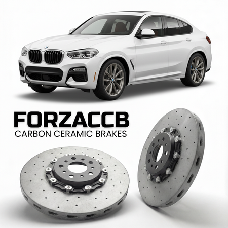 ForzaCCB direct OEM replacement carbon ceramic brake rotors for 2018 to 2025 BMW X4 G02 models, shown with a white BMW X4 car.