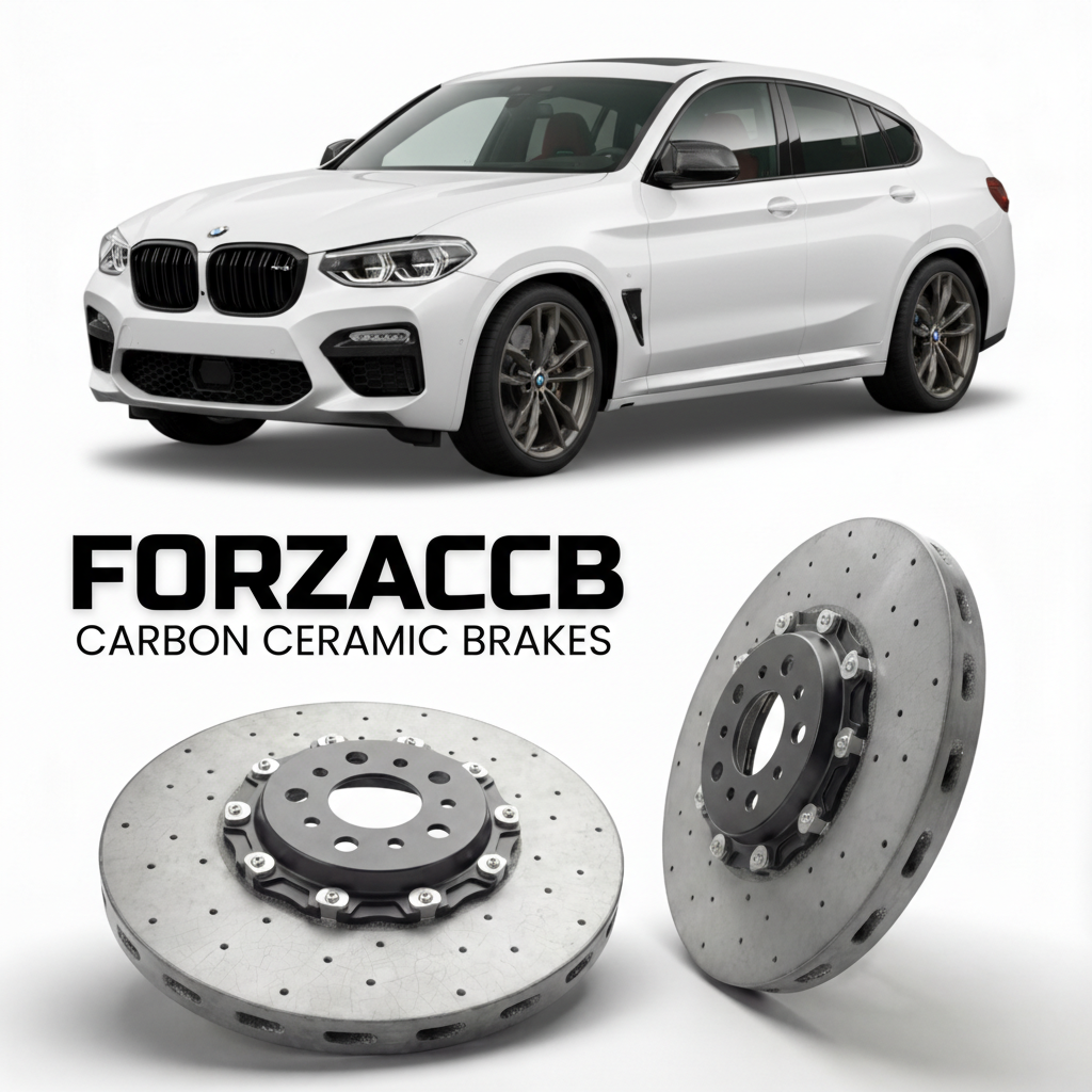 ForzaCCB direct OEM replacement carbon ceramic brake rotors for 2019 and newer BMW X4 M F98 models, shown with a white BMW X4 M car.