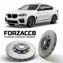 ForzaCCB direct OEM replacement carbon ceramic brake rotors for 2019 and newer BMW X4 M F98 models, shown with a white BMW X4 M car.