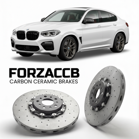 ForzaCCB direct OEM replacement carbon ceramic brake rotors for 2019 and newer BMW X4 M F98 models, shown with a white BMW X4 M car.