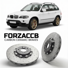 ForzaCCB direct OEM replacement carbon ceramic brake rotors for 2005 to 2006 BMW X5 E53 models, shown with a white BMW X5 car.