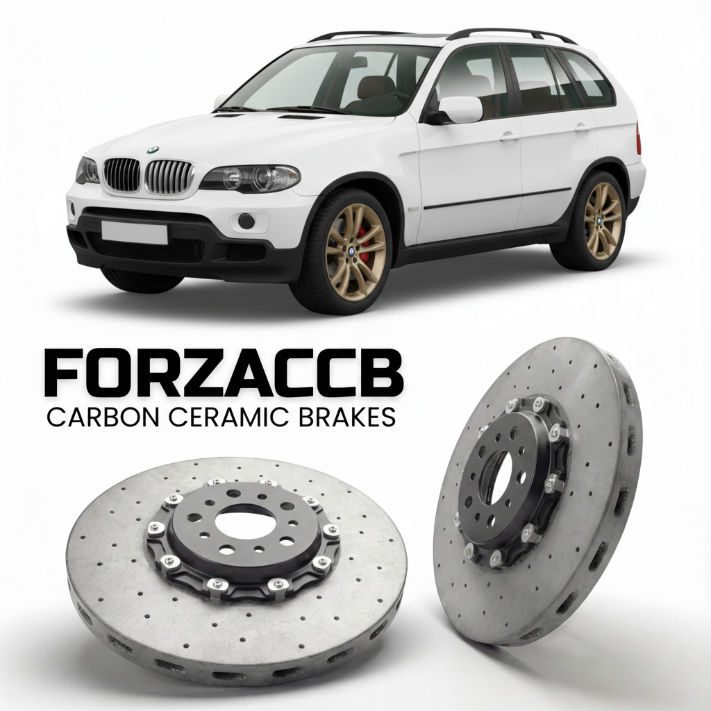 ForzaCCB direct OEM replacement carbon ceramic brake rotors for 2005 to 2006 BMW X5 E53 models, shown with a white BMW X5 car.