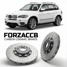 ForzaCCB direct OEM replacement carbon ceramic brake rotors for 2006 to 2013 BMW X5 E70 models, shown with a white BMW X5 car.