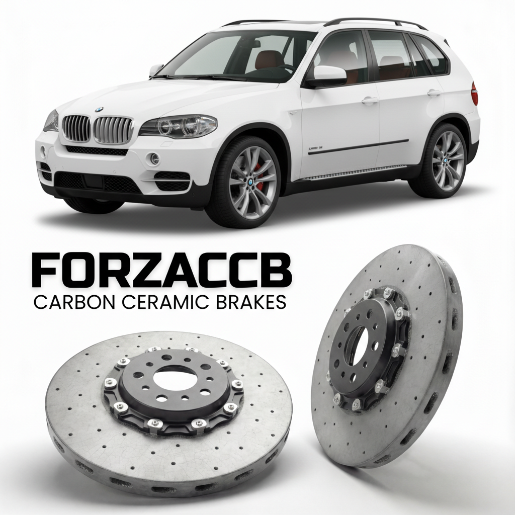 ForzaCCB direct OEM replacement carbon ceramic brake rotors for 2006 to 2013 BMW X5 E70 models, shown with a white BMW X5 car.