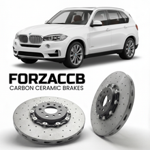 ForzaCCB direct OEM replacement carbon ceramic brake rotors for 2013 to 2018 BMW X5 F15 models, shown with a white BMW X5 car.