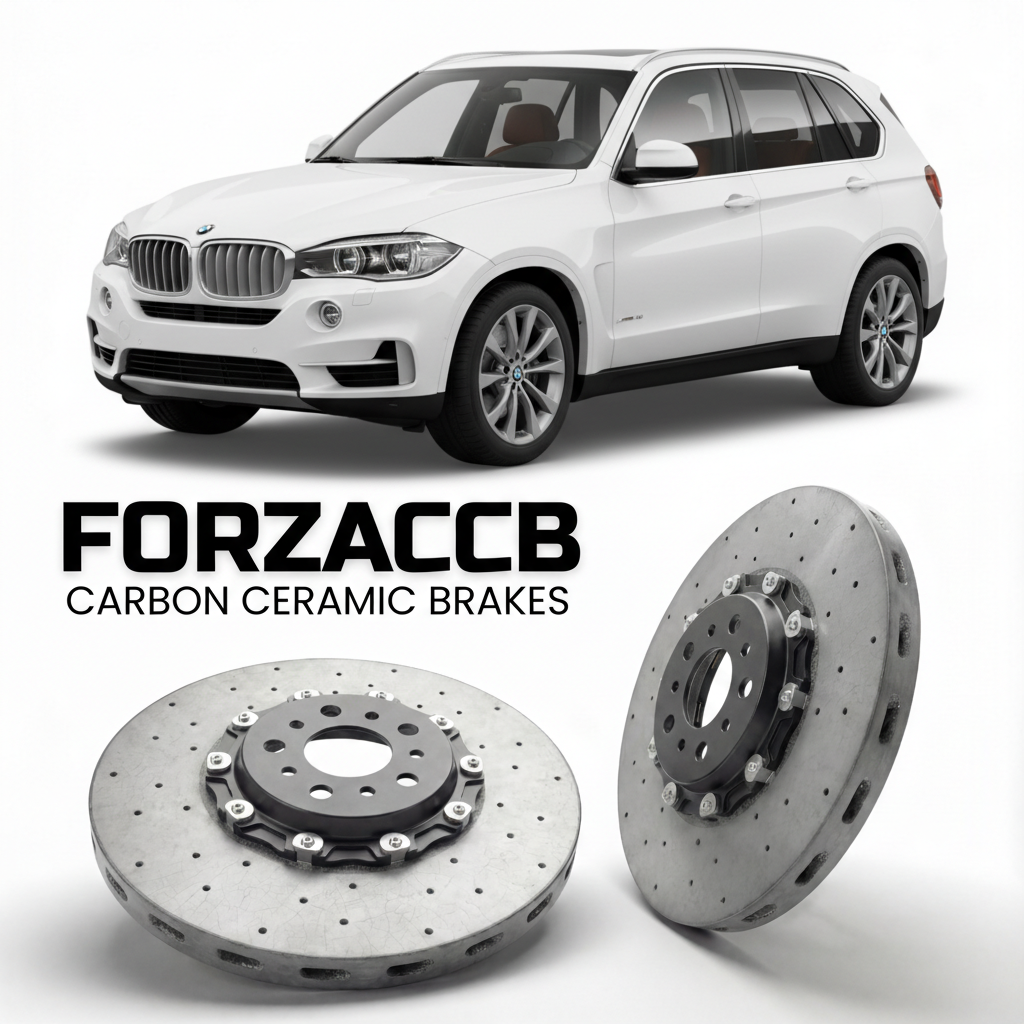 ForzaCCB direct OEM replacement carbon ceramic brake rotors for 2013 to 2018 BMW X5 F15 models, shown with a white BMW X5 car.