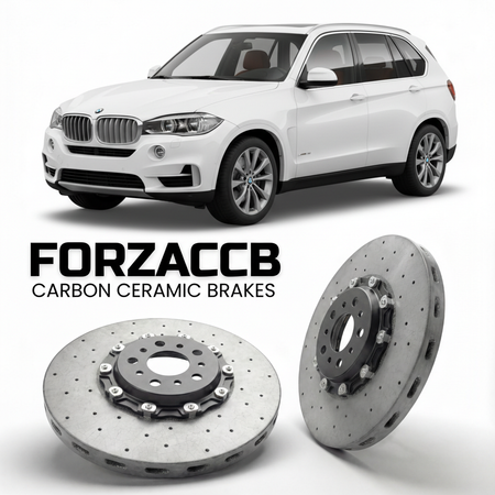 ForzaCCB direct OEM replacement carbon ceramic brake rotors for 2013 to 2018 BMW X5 F15 models, shown with a white BMW X5 car.