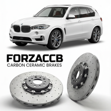 ForzaCCB direct OEM replacement carbon ceramic brake rotors for 2018 and newer BMW X5 G05 models, shown with a white BMW X5 car.