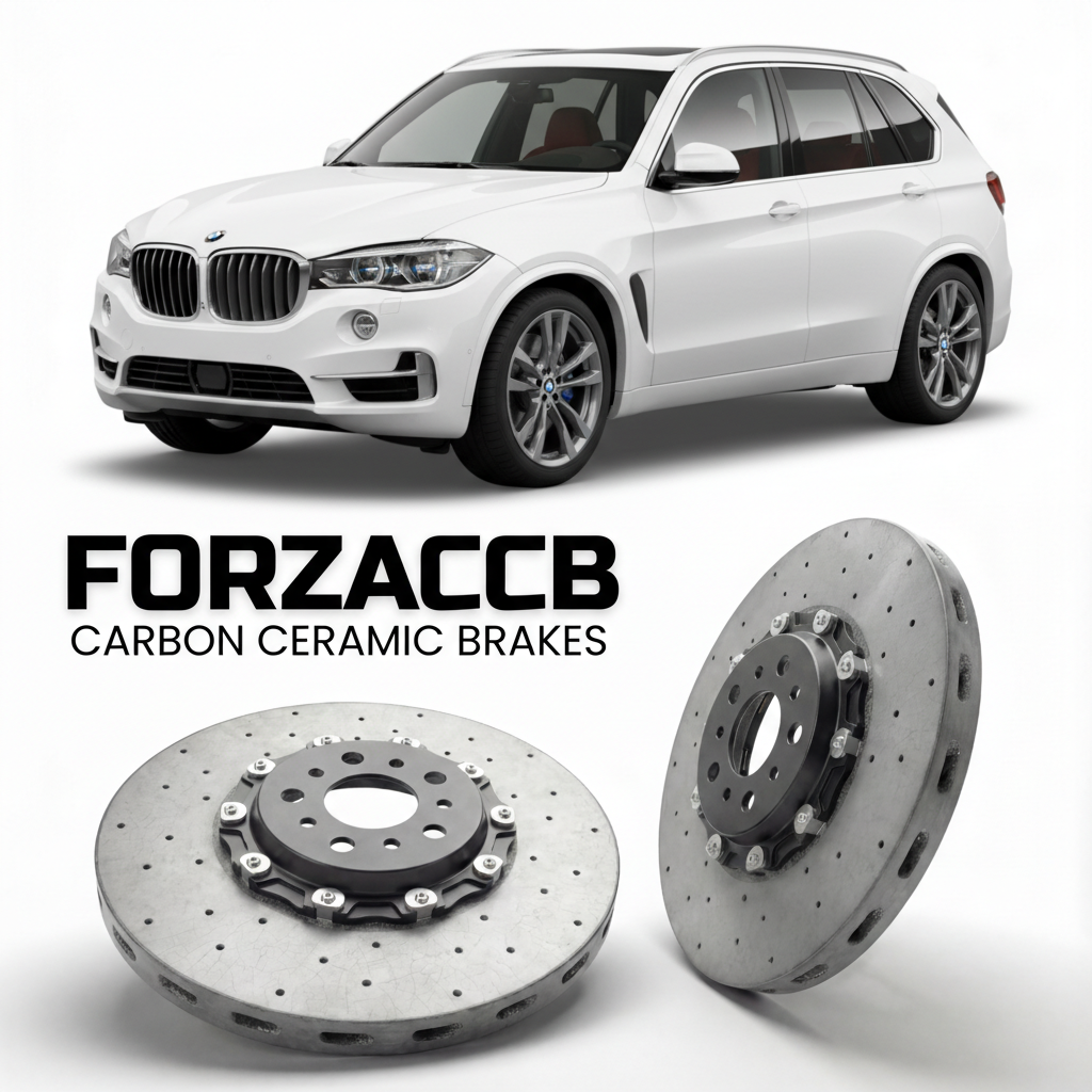 ForzaCCB direct OEM replacement carbon ceramic brake rotors for 2018 and newer BMW X5 G05 models, shown with a white BMW X5 car.