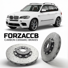 ForzaCCB direct OEM replacement carbon ceramic brake rotors for 2010 to 2013 BMW X5 M E70 models, shown with a white BMW X5 M car.