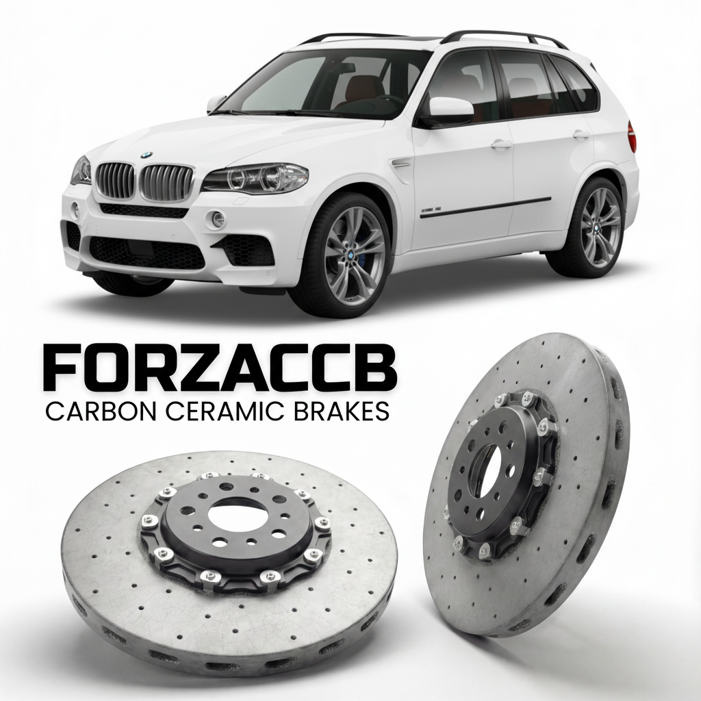 ForzaCCB direct OEM replacement carbon ceramic brake rotors for 2010 to 2013 BMW X5 M E70 models, shown with a white BMW X5 M car.
