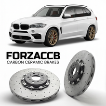 ForzaCCB direct OEM replacement carbon ceramic brake rotors for 2015 to 2018 BMW X5 M F85 models, shown with a white BMW X5 M car.