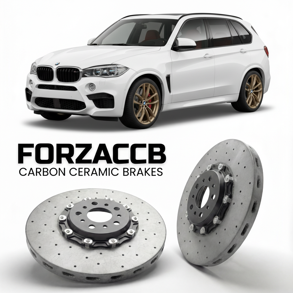 ForzaCCB direct OEM replacement carbon ceramic brake rotors for 2015 to 2018 BMW X5 M F85 models, shown with a white BMW X5 M car.