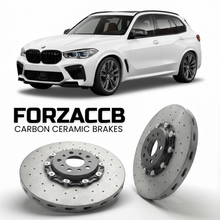 ForzaCCB direct OEM replacement carbon ceramic brake rotors for 2019 and newer BMW X5 M F95 models, shown with a white BMW X5 M car.