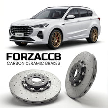 ForzaCCB direct OEM replacement carbon ceramic brake rotors for 2024 and newer Jetour X50 models, shown with a white Jetour X50 car.