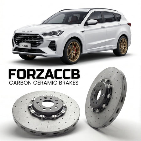 ForzaCCB direct OEM replacement carbon ceramic brake rotors for 2024 and newer Jetour X50 models, shown with a white Jetour X50 car.