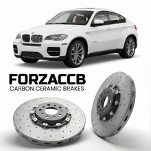 ForzaCCB direct OEM replacement carbon ceramic brake rotors for 2008 to 2014 BMW X6 E71 models, shown with a white BMW X6 car.