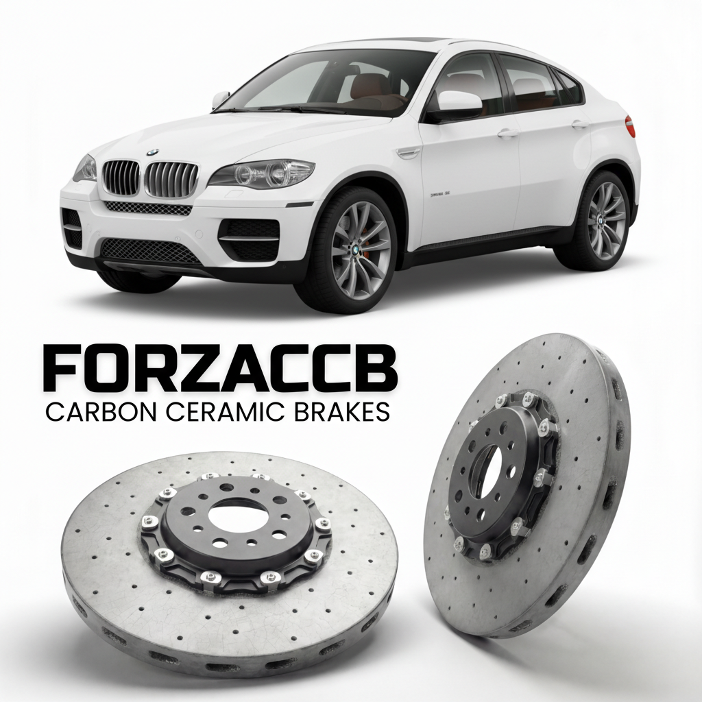 ForzaCCB direct OEM replacement carbon ceramic brake rotors for 2008 to 2014 BMW X6 E71 models, shown with a white BMW X6 car.