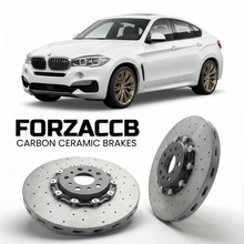 ForzaCCB direct OEM replacement carbon ceramic brake rotors for 2014 to 2019 BMW X6 F16 models, shown with a white BMW X6 car.