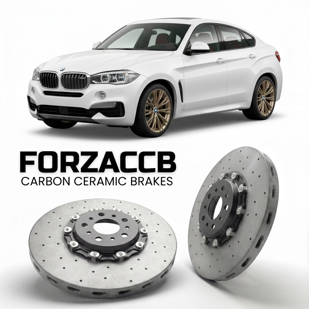 ForzaCCB direct OEM replacement carbon ceramic brake rotors for 2014 to 2019 BMW X6 F16 models, shown with a white BMW X6 car.