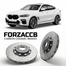 ForzaCCB direct OEM replacement carbon ceramic brake rotors for 2019 and newer BMW X6 G06 models, shown with a white BMW X6 car.