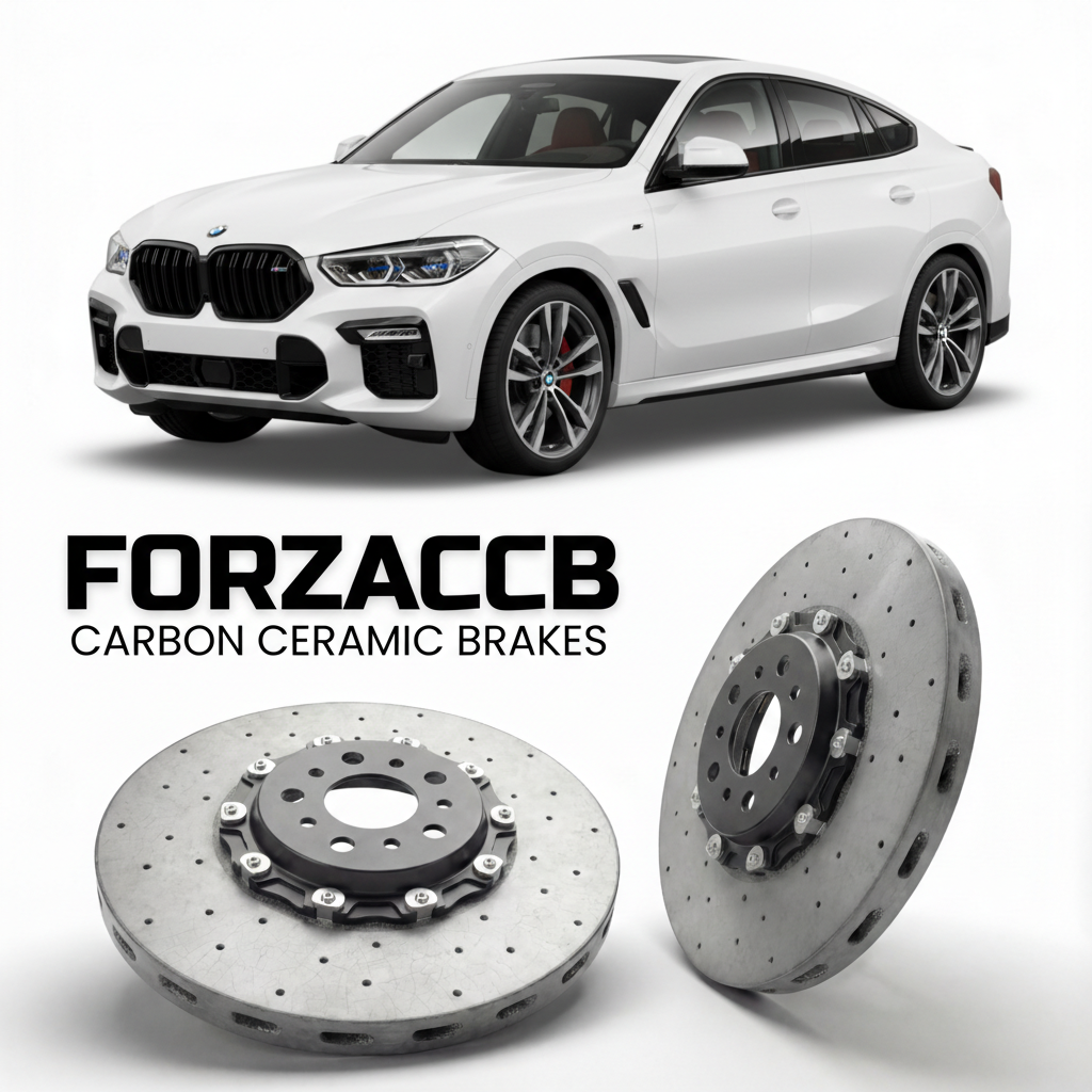 ForzaCCB direct OEM replacement carbon ceramic brake rotors for 2019 and newer BMW X6 G06 models, shown with a white BMW X6 car.