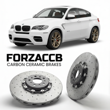 ForzaCCB direct OEM replacement carbon ceramic brake rotors for 2009 to 2014 BMW X6 M E71 models, shown with a white BMW X6 M car.