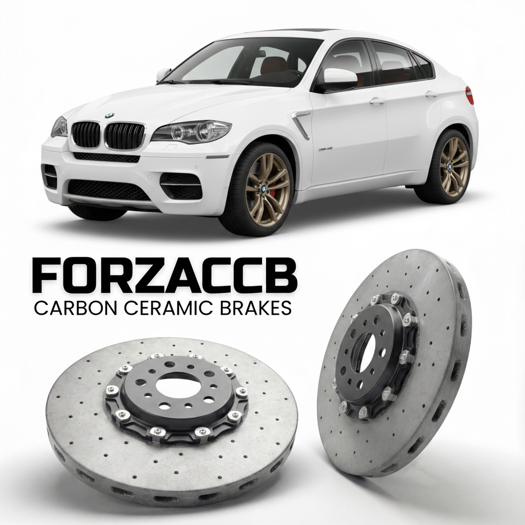 ForzaCCB direct OEM replacement carbon ceramic brake rotors for 2009 to 2014 BMW X6 M E71 models, shown with a white BMW X6 M car.