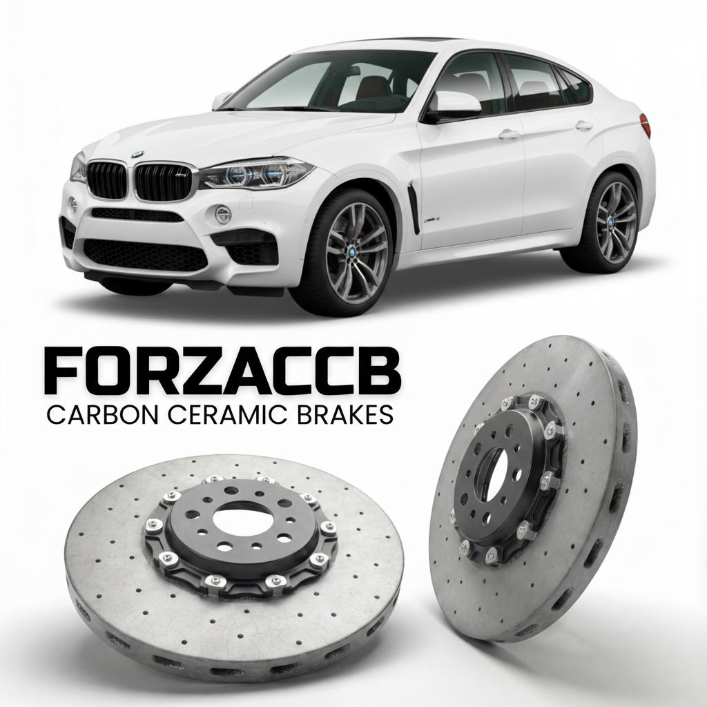 ForzaCCB direct OEM replacement carbon ceramic brake rotors for 2015 to 2019 BMW X6 M F86 models, shown with a white BMW X6 M car.