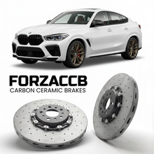 ForzaCCB direct OEM replacement carbon ceramic brake rotors for 2019 and newer BMW X6 M F96 models, shown with a white BMW X6 M car.