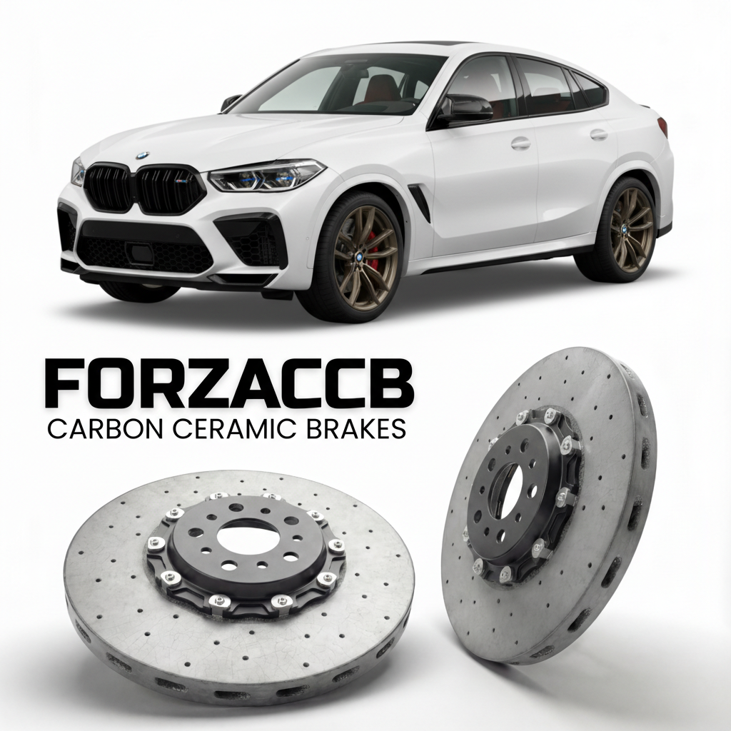 ForzaCCB direct OEM replacement carbon ceramic brake rotors for 2019 and newer BMW X6 M F96 models, shown with a white BMW X6 M car.