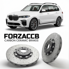 ForzaCCB direct OEM replacement carbon ceramic brake rotors for 2018 and newer BMW X7 G07 models, shown with a white BMW X7 car.