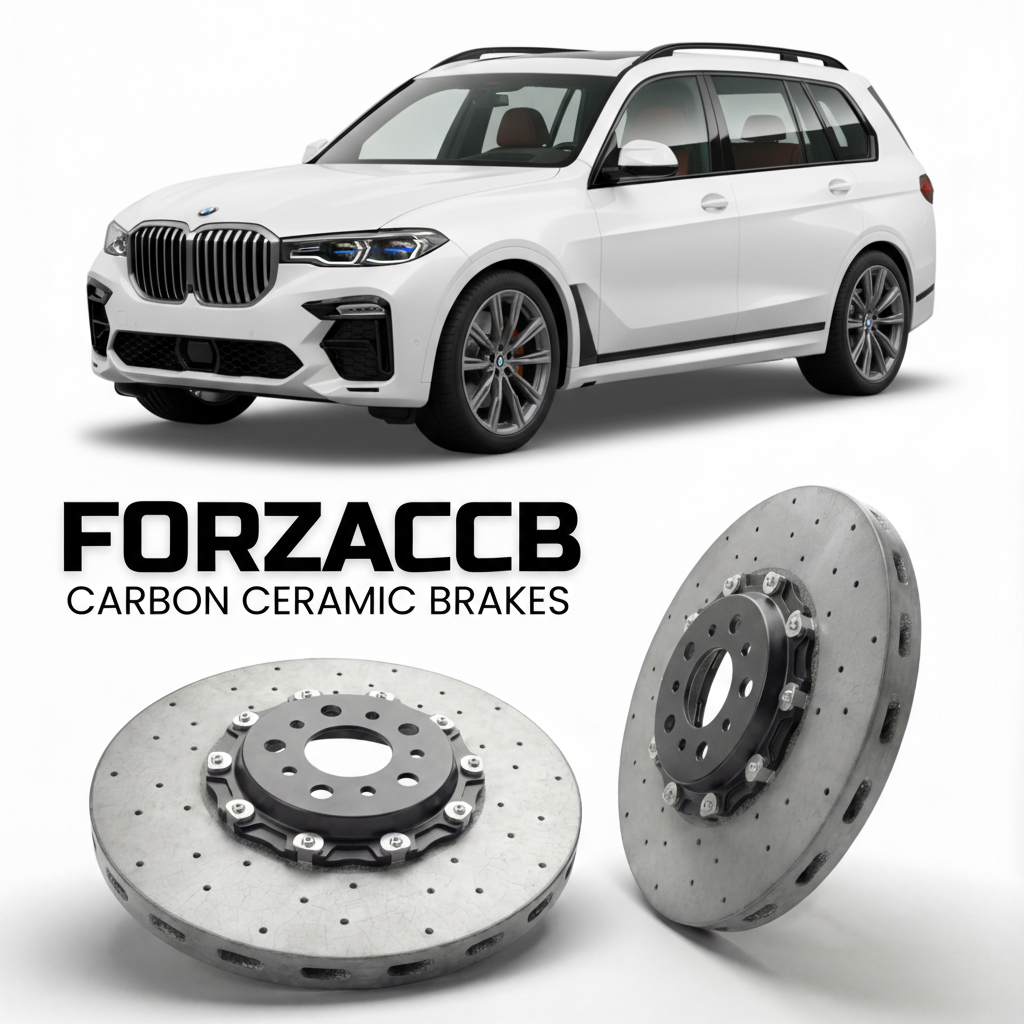 ForzaCCB direct OEM replacement carbon ceramic brake rotors for 2018 and newer BMW X7 G07 models, shown with a white BMW X7 car.