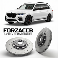 ForzaCCB direct OEM replacement carbon ceramic brake rotors for 2020 to 2022 BMW X7 M50i G07 models, shown with a white BMW X7 M50i car.